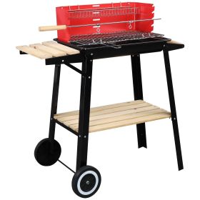 Black - Red 85x42x86cm Enamel Charcoal Grill with Wheels, 4-Leg Square BBQ Grill